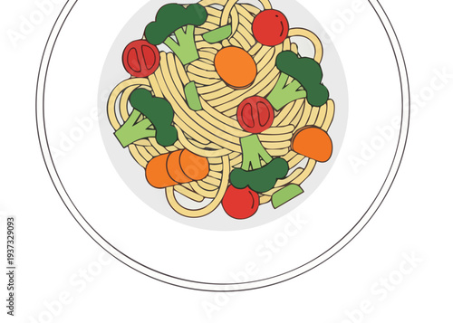 A cartoon plate of pasta with vegetables and tomatoes.