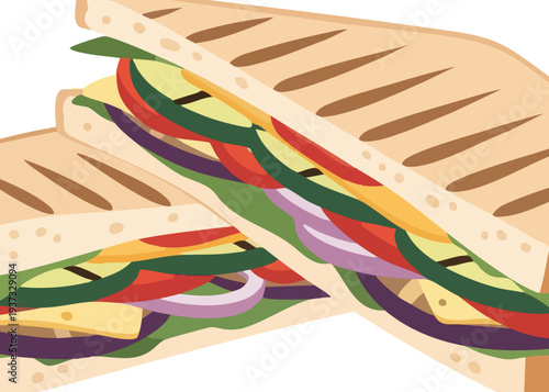 Colorful sandwich with vegetables and cheese on toasted bread.