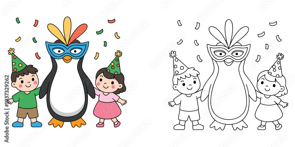 Obraz premium Cartoon penguin and children wearing party hats and masks with confetti on white background Keywords: penguin, child, children