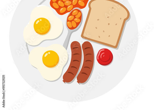 Breakfast plate with eggs, sausages, hash browns, toast, and ketchup.