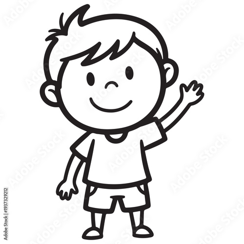 Happy Cartoon Boy Waving Hand in Simple Outline Style