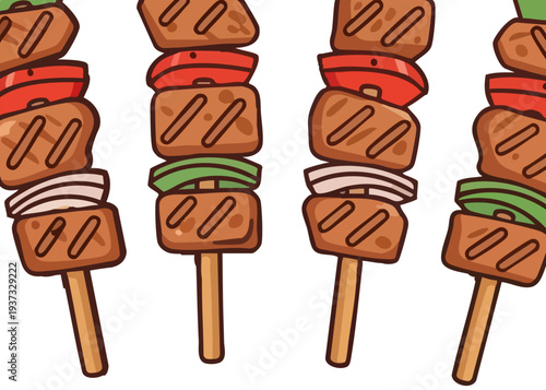 Colorful illustration of meat skewers with vegetables on wooden sticks.
