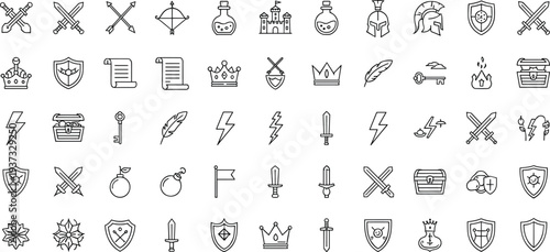 Medieval fantasy line icons, swords shields symbols, knight weapon elements, minimal outline vector set, heraldry castle adventure collection illustration