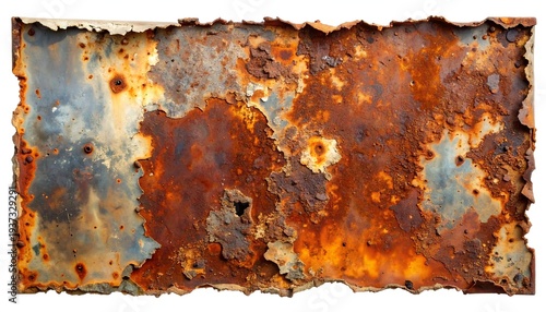 Jagged rust sheet features heavily textured surfaces with varied colors, indicating age and decay