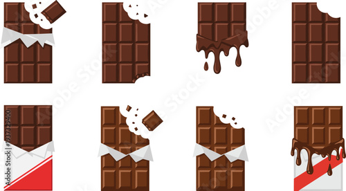 Delicious dark chocolate bar set featuring unwrapped bitten and melting cocoa snacks with foil packaging for dessert cafe menus and confectionery branding.