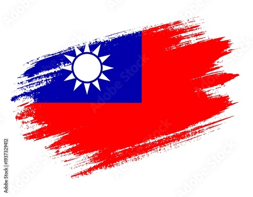 Taiwan flag stylized as a red-and-blue brush stroke with a white sun in the corner