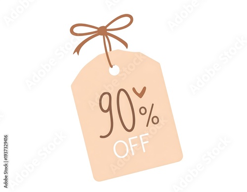 Tag displaying 90% off with string tie, rendered in warm, muted, illustrated style