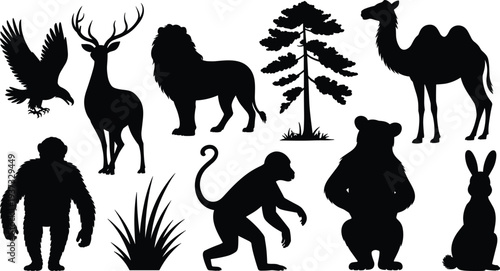Collection of Animal Silhouettes and a Pine Tree on White Background wildlife nature