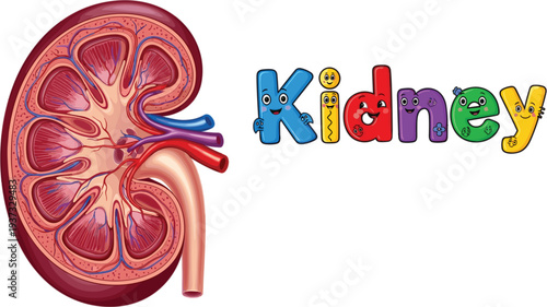 Detailed human kidney anatomy cross section diagram with stylized colorful text for medical education healthcare and biology learning projects.