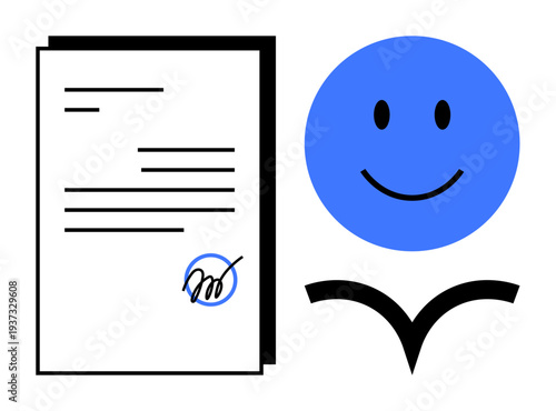 Digital agreement. Signed document with blue circular approval symbol agreement. Digital agreement reinforces trust in online transactions, communication, and partnerships. For contracts, fintech