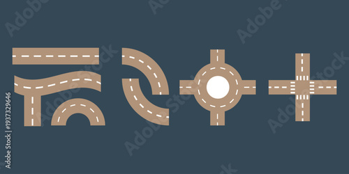 Collection of various road sections and intersections on blue background