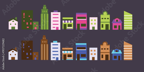 City skyline with various buildings and houses on dark blue background
