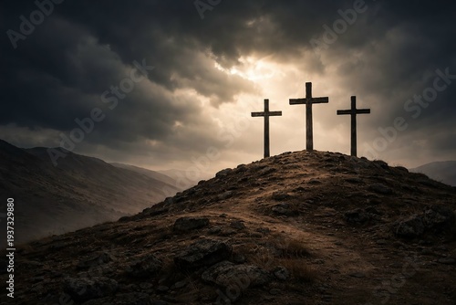 Dramatic biblical landscape showing three wooden crosses standing on the top of a rugged hill, symbolizing the crucifixion of Jesus Christ at Golgotha