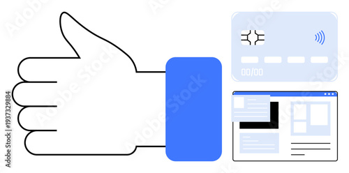 Digital transactions, online payments, e-commerce, financial technology, user authorization, seamless shopping. A thumbs-up, credit card and transaction interface. Digital transactions and online