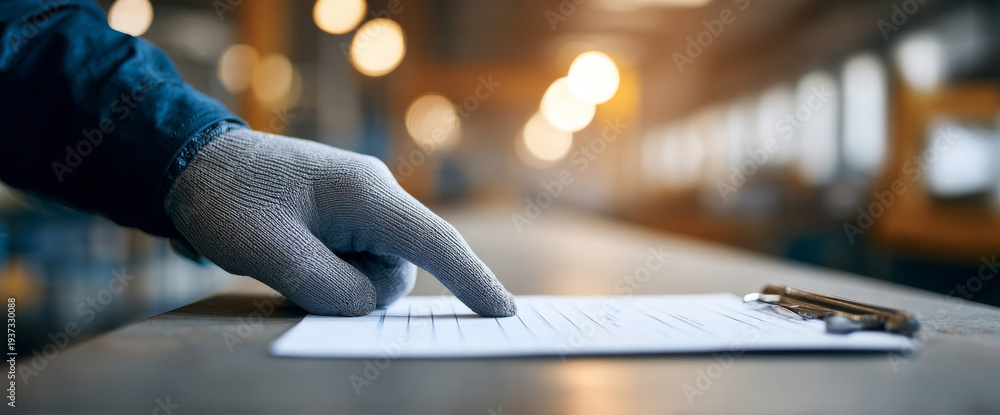 Fototapeta premium Hand in glove pointing at document on table