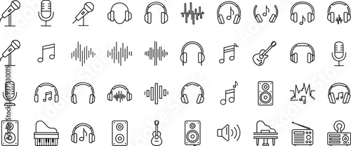 Music audio line icons, sound equipment symbols, multimedia recording elements, minimal outline vector set, studio instrument collection illustration
