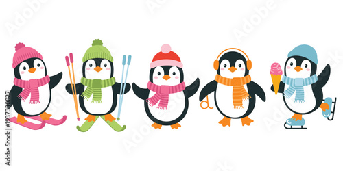 Cute cartoon penguins dressed for winter activities on a white background illustration