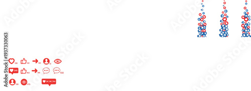 Abstract social media live stream reaction icons with floating blue thumbs up likes and red hearts for engagement marketing.