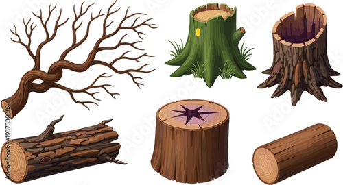 Vector collection of realistic wooden logs tree stumps and dry branches isolated on white for forestry and nature design projects.