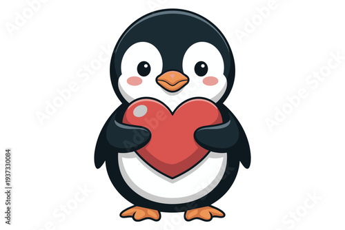Cute cartoon penguin holding a red heart with blushing cheeks on a white background adorable animal