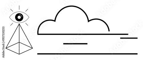 Futurism, spirituality, cloud computing, surveillance, minimalism, vision. Abstract composition an eye atop a pyramid and a cloud with linear dynamic design. Futurism and spirituality concept