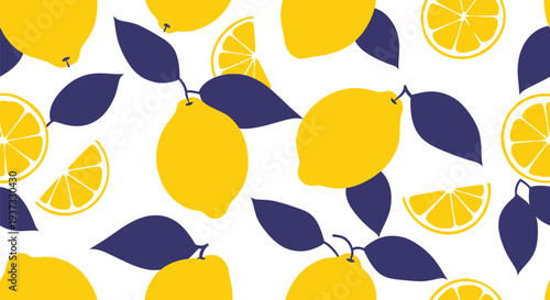 Seamless lemon fruit pattern with yellow lemons and dark blue leaves vector