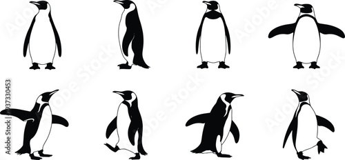 Eight Black and White Penguin Silhouettes in Different Poses penguins bird