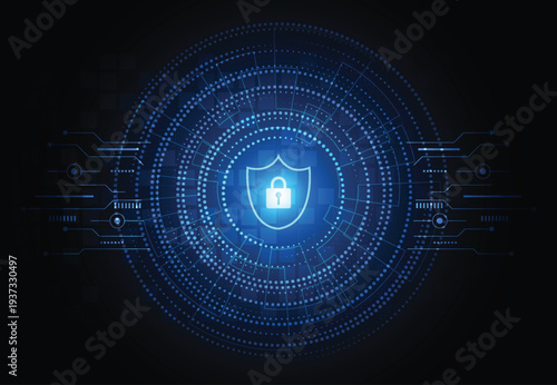 Futuristic digital shield with blue circuitry and lock