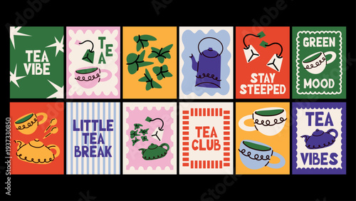 Tea vibe posters in cartoon retro style. Trendy green tea illustrations with cups, whisk, leaves and text phrases. Kitchen, restaurants and cafe decor. Minimalist banners for prints and wall decor