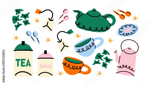 Tea stickers in cartoon retro style. Trendy green tea illustrations with cups, whisk, leaves and text phrases. Kitchen, restaurants and cafe decor. Minimalist banners for prints and wall decor