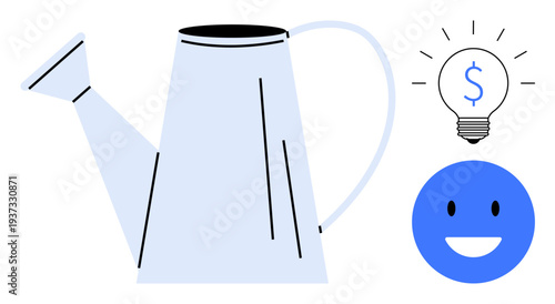 Financial growth, innovation, sustainability, happiness, ideas, business success. Watering can, light bulb with dollar sign smiling blue face. Financial growth and innovation concept
