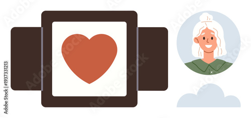 Love, relationships, self-care, personal connections, emotions, positivity. Heart inside frame and smiling womans face with cloud. Love and relationships concepts