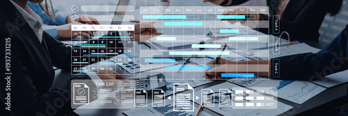 A modern office scene showcasing teamwork in project management. Professionals collaborate using Gantt charts and task lists for efficient planning and effective scheduling. Gantry