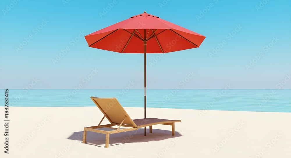 Fototapeta premium Red beach umbrella and lounge chair isolated on neutral background. Concept of tropical vacation, summer relaxation, seaside leisure, travel accessories, and outdoor holiday essentials.