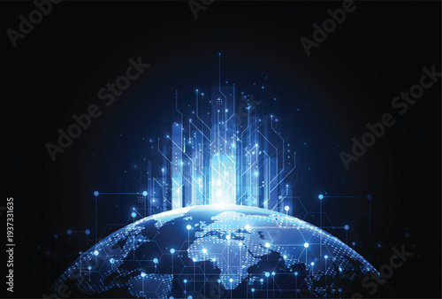 Glowing blue digital earth with radiant light and futuristic network connections