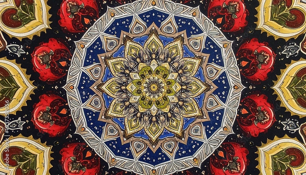 Fototapeta premium Ornate kaleidoscope pattern with vibrant colors, featuring a central floral motif and radial symmetry