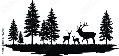 Silhouette of Deer Family and Pine Trees on White Background fawn forest