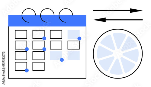 Scheduling, productivity, workflow, organization, time management, goal tracking. A calendar with dots and a circular diagram with arrows. Scheduling and productivity concept