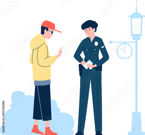 Female officer interviewing crime witness. Police work