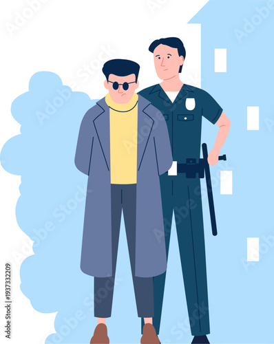 Police officer escort criminal suspect. Arrest scene