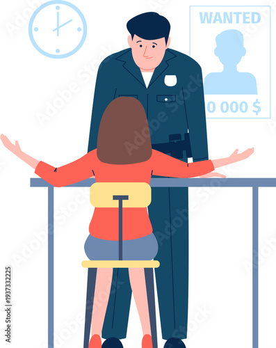 Police office scene with woman interrogation. Crime suspect or witness character