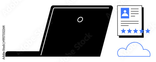Laptop paired with user profile document featuring ratings and a cloud icon, symbolizing digital identity, data management, and cloud storage. Ideal for themes thumbs up data security, online