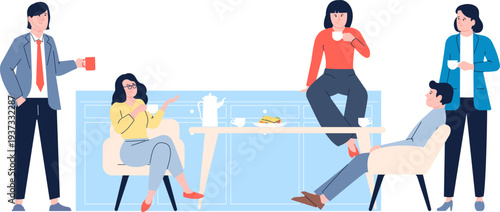Coffee break. Colleagues talking together. Teammates conversation