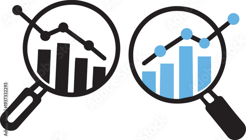 Data Analysis Comparison Icon, Magnifying Glass with Bar Chart and Graph Line Analytics Illustration