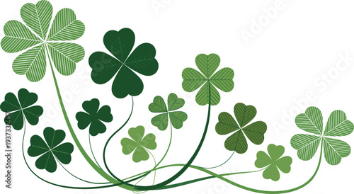 Decorative shamrock clover border with flowing stems, green Irish lucky leaves illustration for St Patricks Day design background
