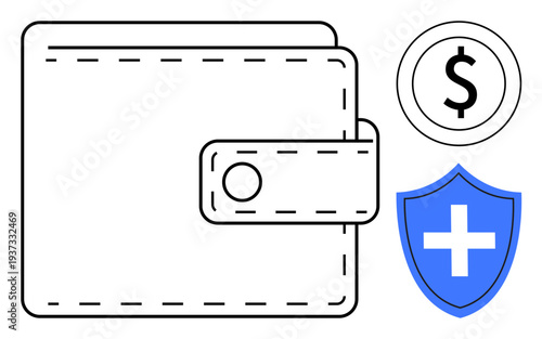 Financial planning, health insurance, cost management, safety, savings, personal finance. Wallet with a dollar symbol and a health shield. Financial planning and health insurance concepts