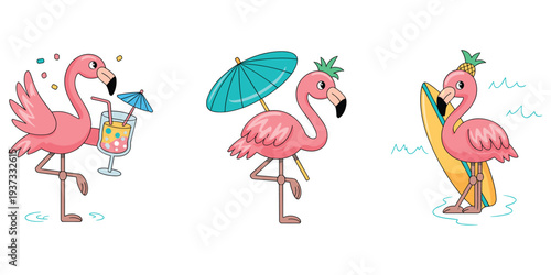 Three cartoon pink flamingos with summer accessories on white background Keywords: flamingo, cartoon, pink, summer, tropical