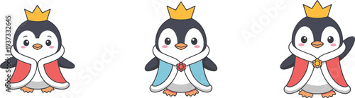 Three Cartoon Penguins Wearing Crowns and Royal Capes on White Background illustration