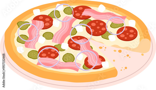 Meat pizza. Hot bacon tasty fast food