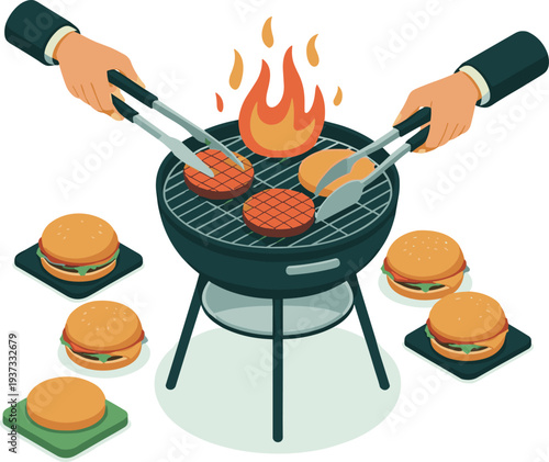 Flat illustration barbecue grill cooking burgers, hands using tongs grilling patties, outdoor BBQ food preparation, fast food hamburger concept